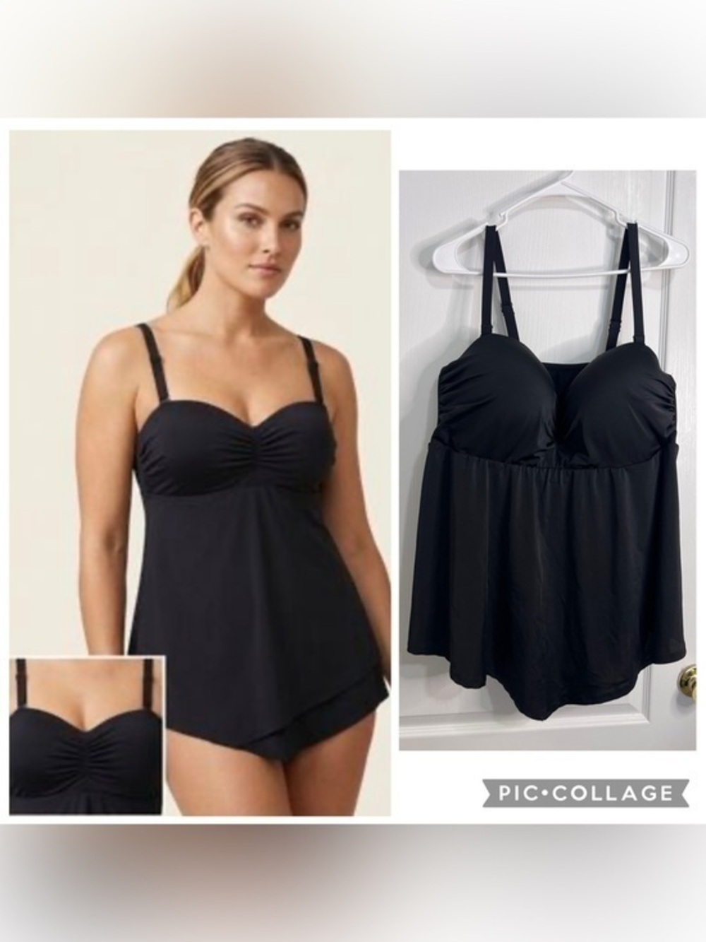 Cacique Lightly Lined Bandeau Women’s Black Swim Dress Tankini Top size 40F